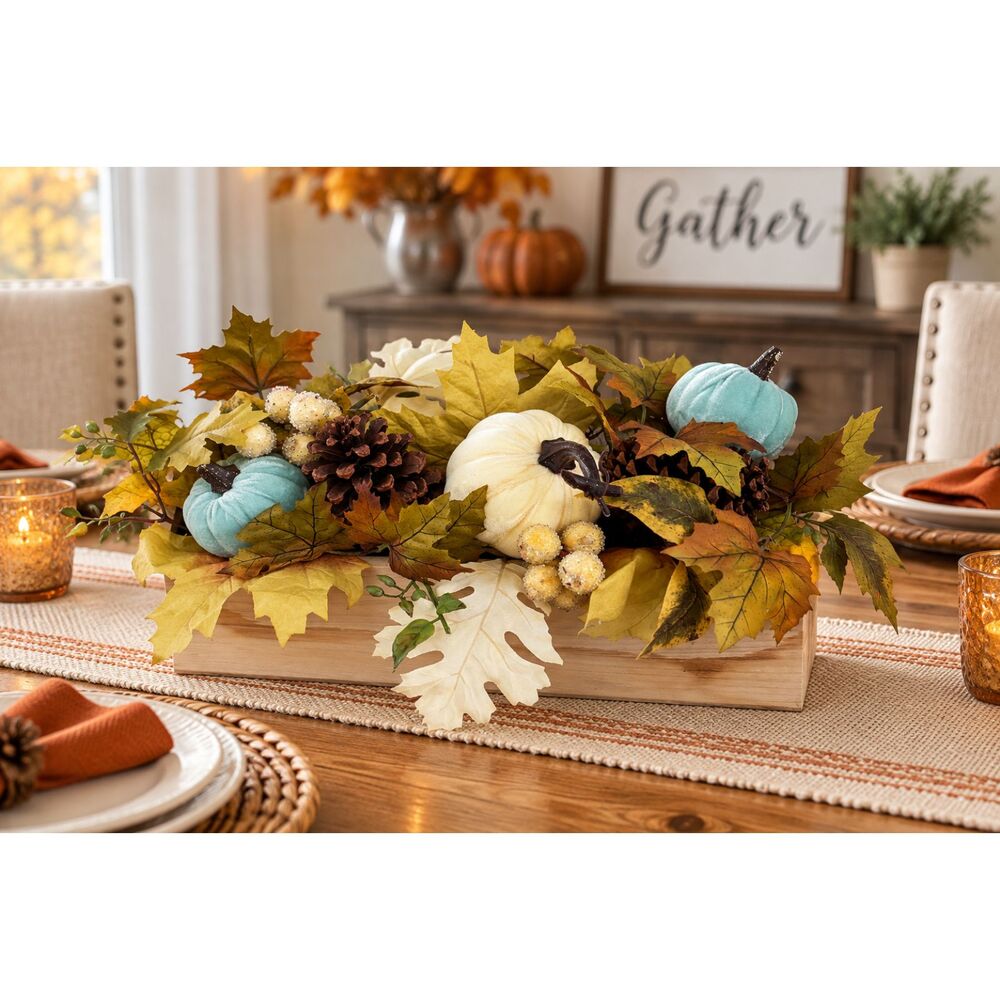 Kirkland's Fall Centerpiece 15" Wood Box Velvet Pumpkins Pinecones Autumn Decor